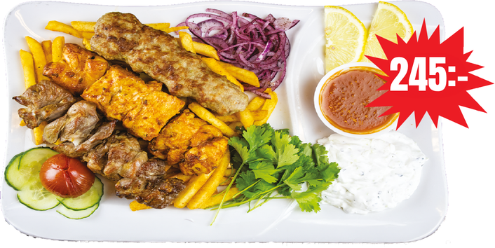 Shish kebab, lammspett & kycklingfilé, priset visas i bilden