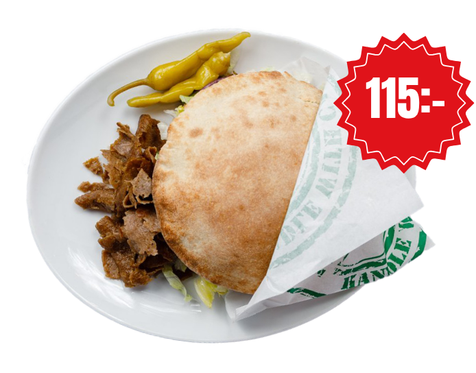Kebab med bröd, priset visas i bilden