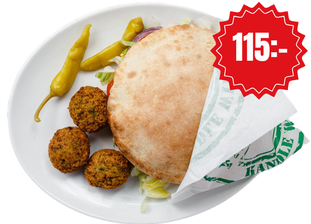 Falafel med bröd, priset visas i bilden